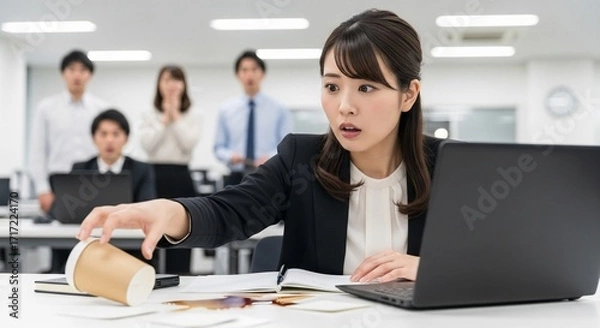 Fototapeta コーヒーをこぼしてしまい慌てる日本人女性社員