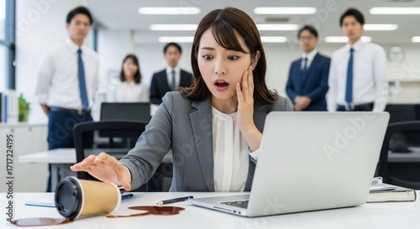 Fototapeta コーヒーをこぼしてしまい慌てる日本人女性社員