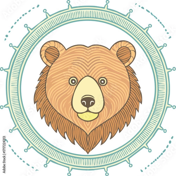 Obraz Stylized vector bear head within a nautical wheel eps