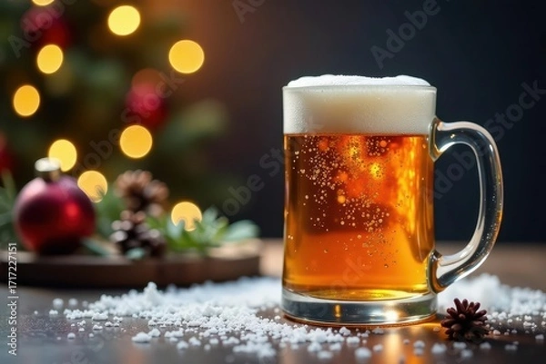 Fototapeta Amber Christmas ale pours into frosty mugs on festive table , rustic, drink, warm