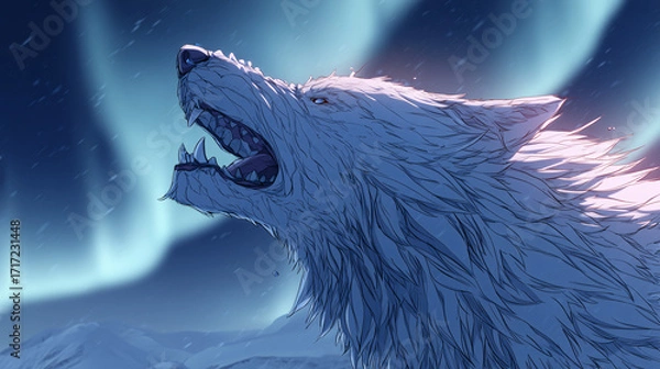 Obraz White wolf howling under a northern lights