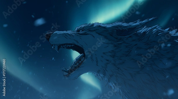 Obraz White wolf howling under a northern lights