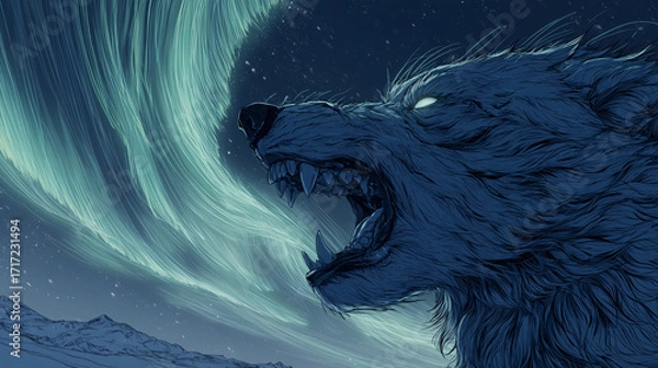 Obraz White wolf howling under a northern lights