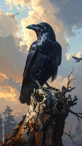 Fototapeta Majestic Raven Perched on a Branch.