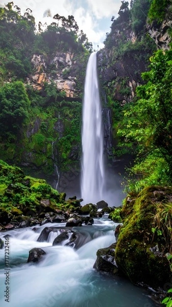 Obraz Majestic waterfall cascading down rocky cliffs, lush green rainforest surrounding