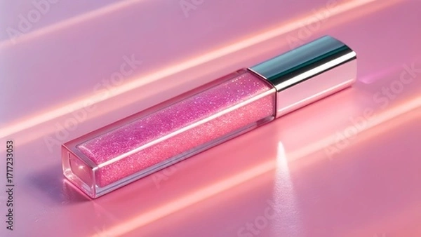 Obraz Lip Topping Shimmer Mockup in Crystal-Clear Rectangular Tube with Visible Glitter Gloss Texture, Minimalist Unbranded Cosmetic Packaging Captured in Vivid Bright Neon Lighting