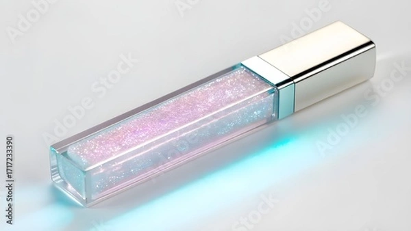 Obraz Lip Topping Shimmer Mockup in Crystal-Clear Rectangular Tube with Visible Glitter Gloss Texture, Minimalist Unbranded Cosmetic Packaging Captured in Vivid Bright Neon Lighting