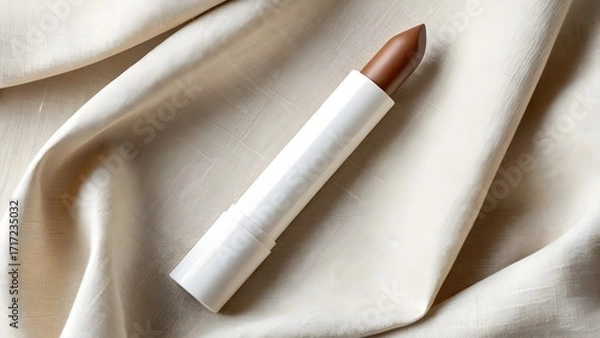 Obraz Matte Crayon Lipstick Mockup in Chunky Stick with Clean White Casing and Defined Bullet Edge, Minimalist Unbranded Cosmetic Packaging Displayed on Natural Raw Linen Fabric Surface