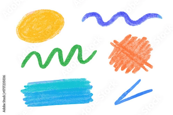 Obraz Set of colorful freehand charcoal strokes, squiggles and shapes. Hand drawn abstract doodles with pencil or chalk texture. Vector scribble, smear and line elements for design.