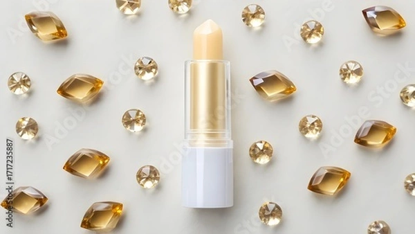 Obraz Solid Lip Oil Balm Mockup in Petite Cylindrical Stick with Transparent Container, Minimalist Flatlay Cosmetic Packaging Styled Among Scattered Gemstone Props for Modern Luxury Branding