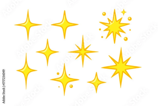 Fototapeta Shine icons and sparks vector set. Cartoon stars and sparkle collection for glowing effects. Yellow glitter, flash, and twinkle elements. Magic explosion and clean shine concept.