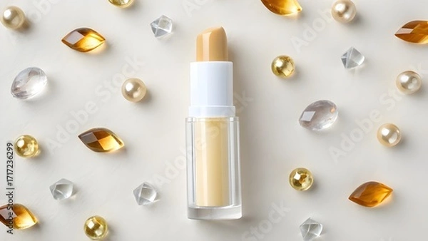Obraz Solid Lip Oil Balm Mockup in Petite Cylindrical Stick with Transparent Container, Minimalist Flatlay Cosmetic Packaging Styled Among Scattered Gemstone Props for Modern Luxury Branding