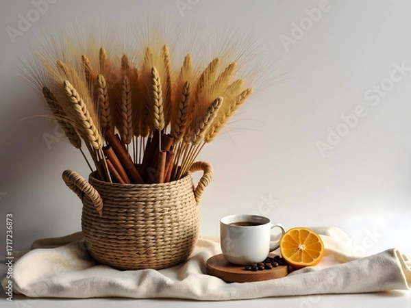Obraz Elegant Minimalist Autumn Still Life with Wheat, Cinnamon and a Cup of Coffee on a Linen Canvas