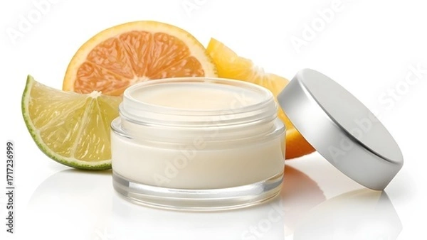 Obraz Scented Lip Balm Pot Mockup in Stubby Transparent Jar with Visible Creamy Balm and Plain Lid, Photorealistic Cosmetic Packaging Styled Beside Fresh Citrus Fruit Slices for Vibrant Branding
