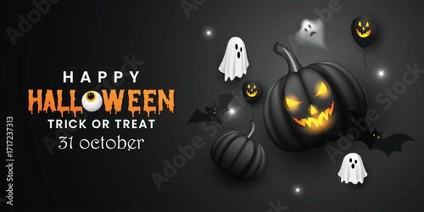 Fototapeta Black color Halloween party celebration social media banner design vector with haunted elements. Spooky poster. Happy Halloween vector background design with moon, pumpkins, ghosts, skulls, and bats. 