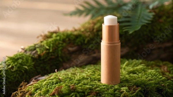 Obraz Organic Tinted Lip Balm Stick Mockup in Biodegradable Brown and Cream Eco Casing, Minimalist Plain Packaging Styled on Mossy Background with Natural Warm Sunlight for Eco Branding