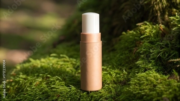 Obraz Organic Tinted Lip Balm Stick Mockup in Biodegradable Brown and Cream Eco Casing, Minimalist Plain Packaging Styled on Mossy Background with Natural Warm Sunlight for Eco Branding