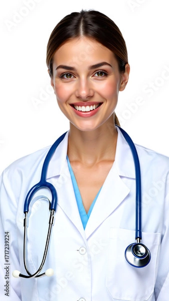 Obraz A beautiful and confident female general practitioner smiling warmly. A modern medical portrait of a healthcare worker with a stethoscope, isolated against a studio white backdrop
