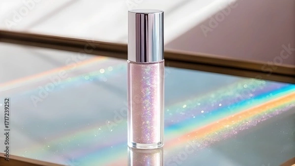 Obraz Glitter Lip Topper Gloss Mockup in Blank Tube with Floating Holographic Shimmer, Cosmetic Packaging Displayed Upright on Mirror Surface with Rainbow Light Streak Reflection