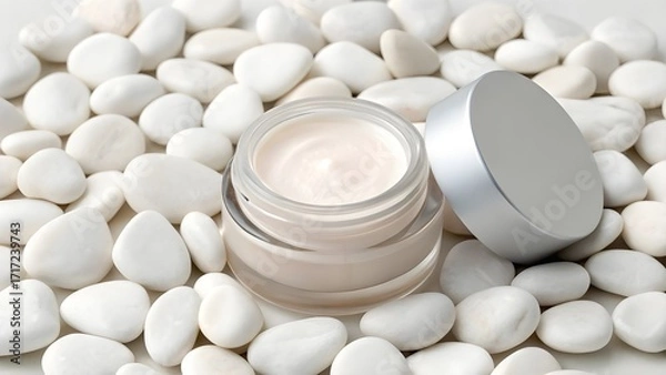 Obraz Plumping Lip Treatment Mask Mockup in Mini Frosted Jar with Smooth Balm Texture Display, Minimalist Unbranded Cosmetic Packaging Surrounded by White Pebbles for Natural Elegance