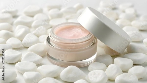 Obraz Plumping Lip Treatment Mask Mockup in Mini Frosted Jar with Smooth Balm Texture Display, Minimalist Unbranded Cosmetic Packaging Surrounded by White Pebbles for Natural Elegance