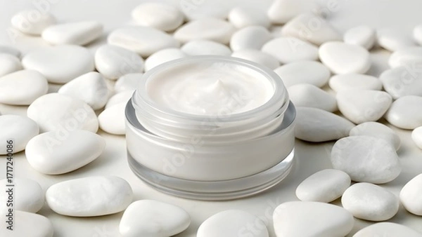 Obraz Plumping Lip Treatment Mask Mockup in Mini Frosted Jar with Smooth Balm Texture Display, Minimalist Unbranded Cosmetic Packaging Surrounded by White Pebbles for Natural Elegance
