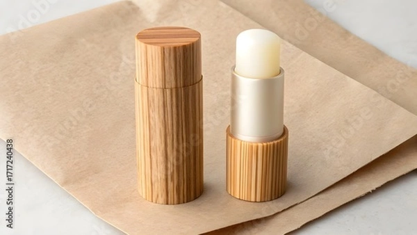 Obraz Vegan Lip Butter Stick Mockup in Twist-Up Case with Wooden Style Cap, Minimalist Blank Cosmetic Packaging Displayed on Recycled Kraft Paper for Natural Eco-Friendly Branding