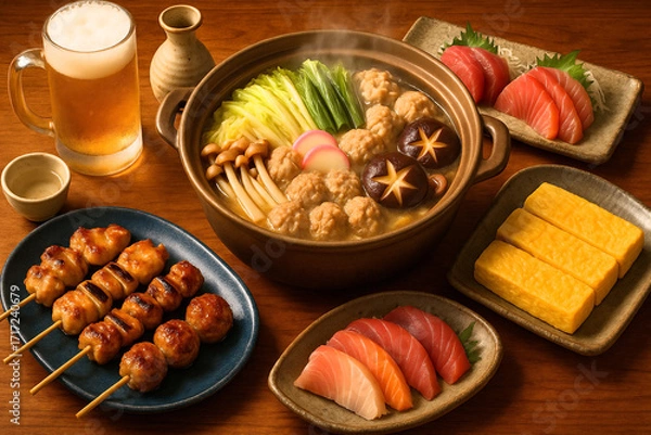 Obraz 居酒屋の鍋料理と刺身と焼き鳥の食事風景