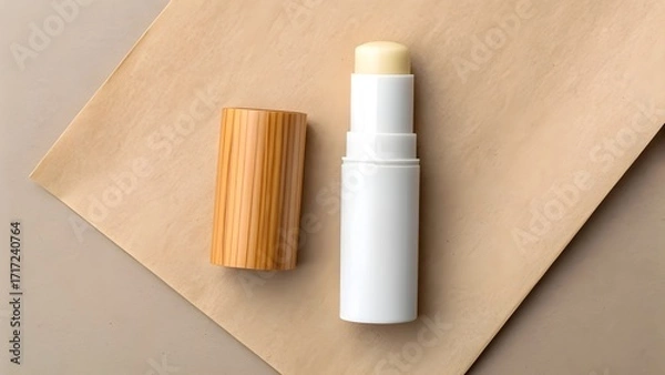 Obraz Vegan Lip Butter Stick Mockup in Twist-Up Case with Wooden Style Cap, Minimalist Blank Cosmetic Packaging Displayed on Recycled Kraft Paper for Natural Eco-Friendly Branding