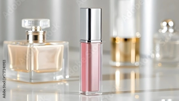 Obraz Elegant Luxury Lip Gloss Mockup in Tall Transparent Case with Reflective Silver Cap, High-Shine Cosmetic Packaging Styled Beside Modern Glass Perfume Bottles for Branding Design