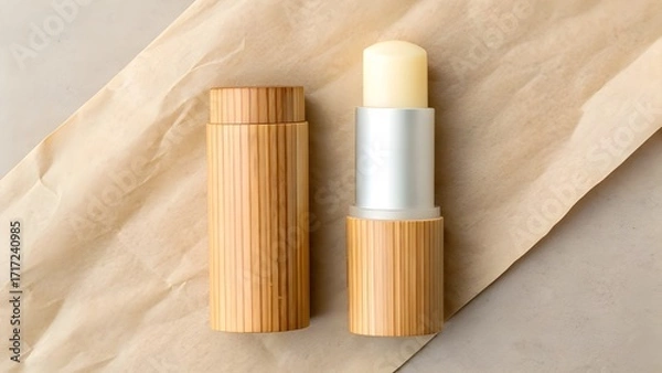 Obraz Vegan Lip Butter Stick Mockup in Twist-Up Case with Wooden Style Cap, Minimalist Blank Cosmetic Packaging Displayed on Recycled Kraft Paper for Natural Eco-Friendly Branding