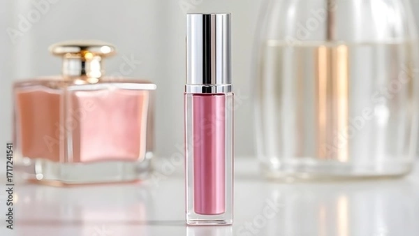 Obraz Elegant Luxury Lip Gloss Mockup in Tall Transparent Case with Reflective Silver Cap, High-Shine Cosmetic Packaging Styled Beside Modern Glass Perfume Bottles for Branding Design