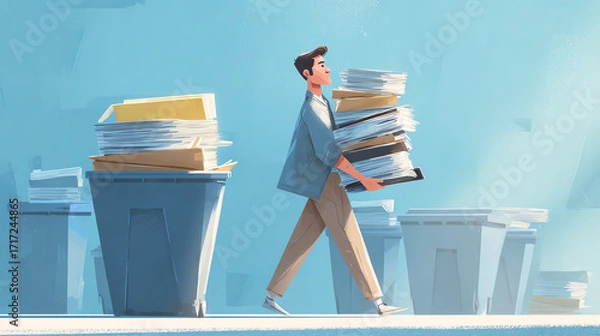 Fototapeta Business transformation drives impact and change as person carries papers to organize