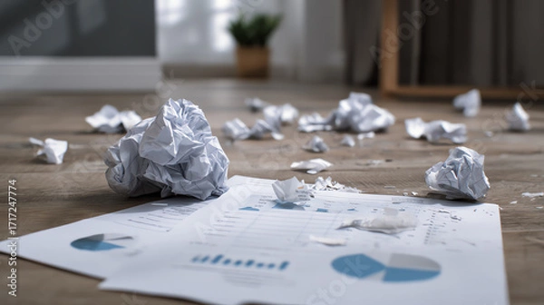 Fototapeta Crumpled papers scattered on floor symbolize business impact and transformation through change