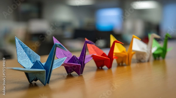 Fototapeta Colorful origami cranes symbolize business impact and transformation through creative change