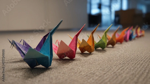 Fototapeta Colorful origami cranes symbolize business impact and transformation through change