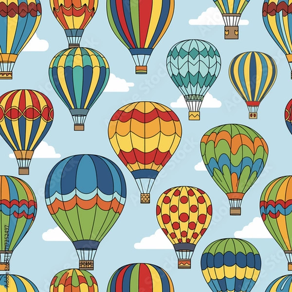Fototapeta Colorful hot air balloons float in a light blue sky with fluffy white clouds, a repeating pattern.