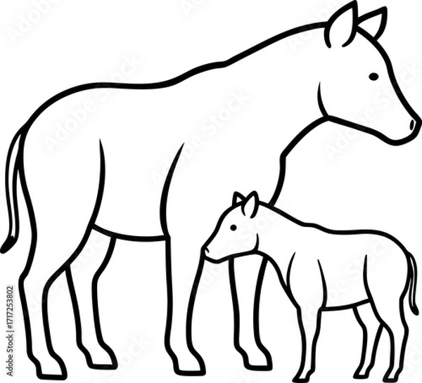 Fototapeta Horse and Foal Line Art – Simple Black and White Farm Animal Outline