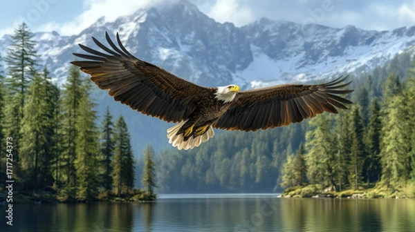 Obraz Bald eagle flying over mountain lake