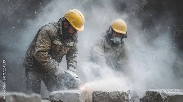 Fototapeta Construction workers in protective gear cut concrete blocks amidst clouds of dust at an industrial site