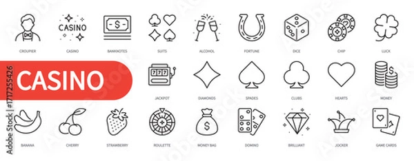 Fototapeta Casino icon set. Gambling, dice, chip, croupier, suits, clubs, hearts, money, luck, joker, diamonds, spades, domino, game cards, jackpot, roulette, etc. Vector illustration. Editable stroke.