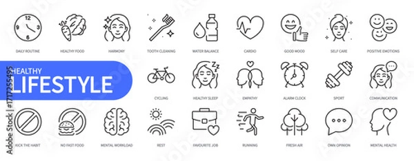 Fototapeta Healthy lifestyle icon set. Daily routine, healthy food, good mood, self care, mental health, positive emotions, sleep, sport, rest, running, fresh air, etc. Vector illustration. Editable stroke.	
