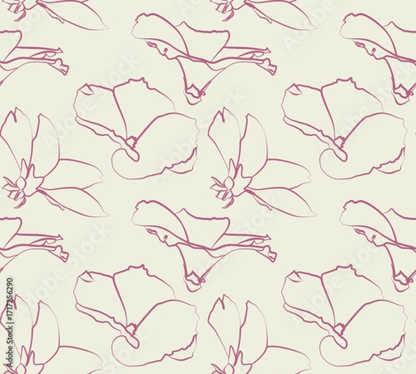 Fototapeta Elegant seamless pattern with floral line art, minimalist botanical background for design