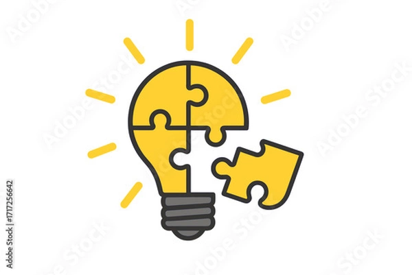 Fototapeta Creative idea lightbulb as puzzle concept. Problem solving and finding a solution. Jigsaw pieces connection for innovation. Missing link metaphor. Vector icon for business strategy.