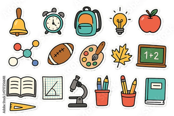 Fototapeta Back to school doodle icon set. Education stickers collection. Hand drawn cartoon vector of backpack, book, science, art, math. Study supplies for learning and knowledge.