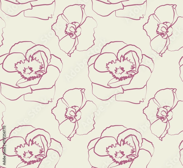 Fototapeta Hand drawn flower outline repeat, modern seamless botanical sketch pattern for fabric