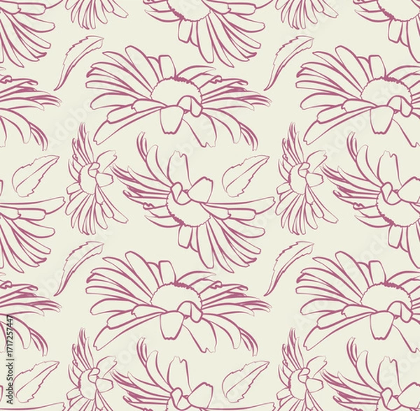 Fototapeta Modern abstract seamless floral sketch pattern, delicate botanical outline background