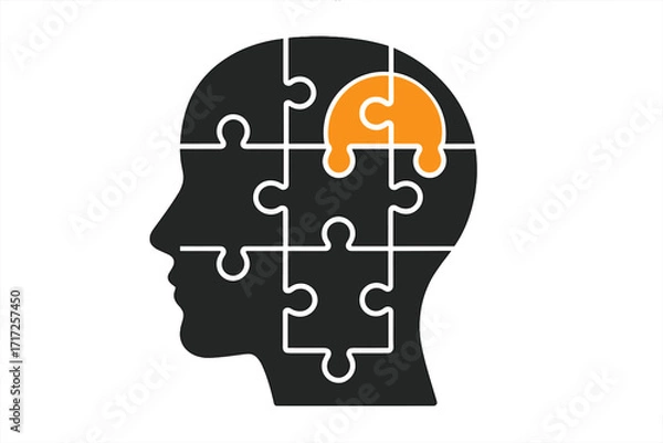 Fototapeta Human head puzzle for psychology, mental health concept. Brain piece for problem solving, creativity, idea. Vector icon for dementia, autism, therapy, logic, solution, mind.