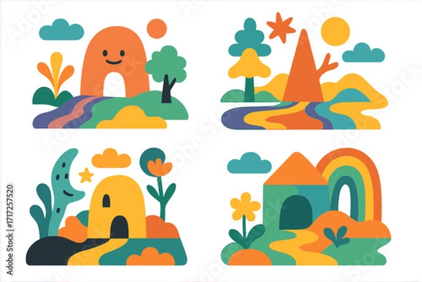 Obraz Set of abstract whimsical illustrations. Cute cartoon landscapes with playful shapes and characters. Modern creative nature icons for kids. Fantasy doodle collection with surreal elements.