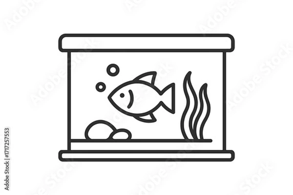 Obraz Aquarium line icon with a fish swimming in a fish tank. Simple pet fish in water with bubbles and algae. Minimalist vector illustration for web, graphic design, or app symbol.